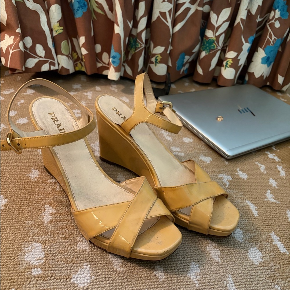 Prada Tan Patent Leather Wedge Sandals